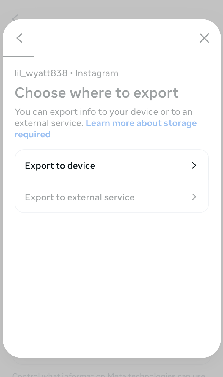 Choose where to export. You can export info to your device or to an external service. 'Export to device' is selected.